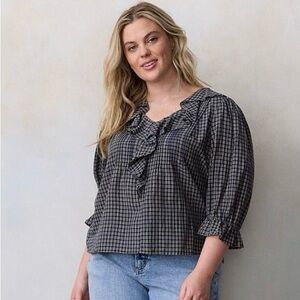 LC Lauren Conrad navy blue 3/4 sleeve ruffle shirt blouse size XXL